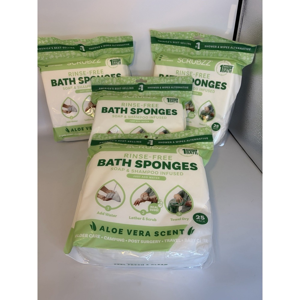 Lot of 4/100Scrubzz Rinse Free Bath Sponges Aloe Vera Lather Scrub Towel Dry New